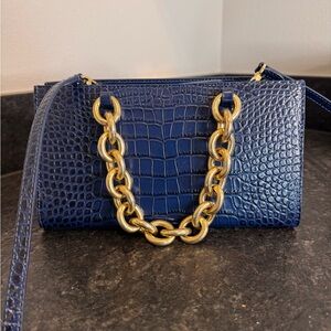 L’Afshar Croc-Embossed Leather Bag w/Gold Chain & Crossbody Strap - Navy
